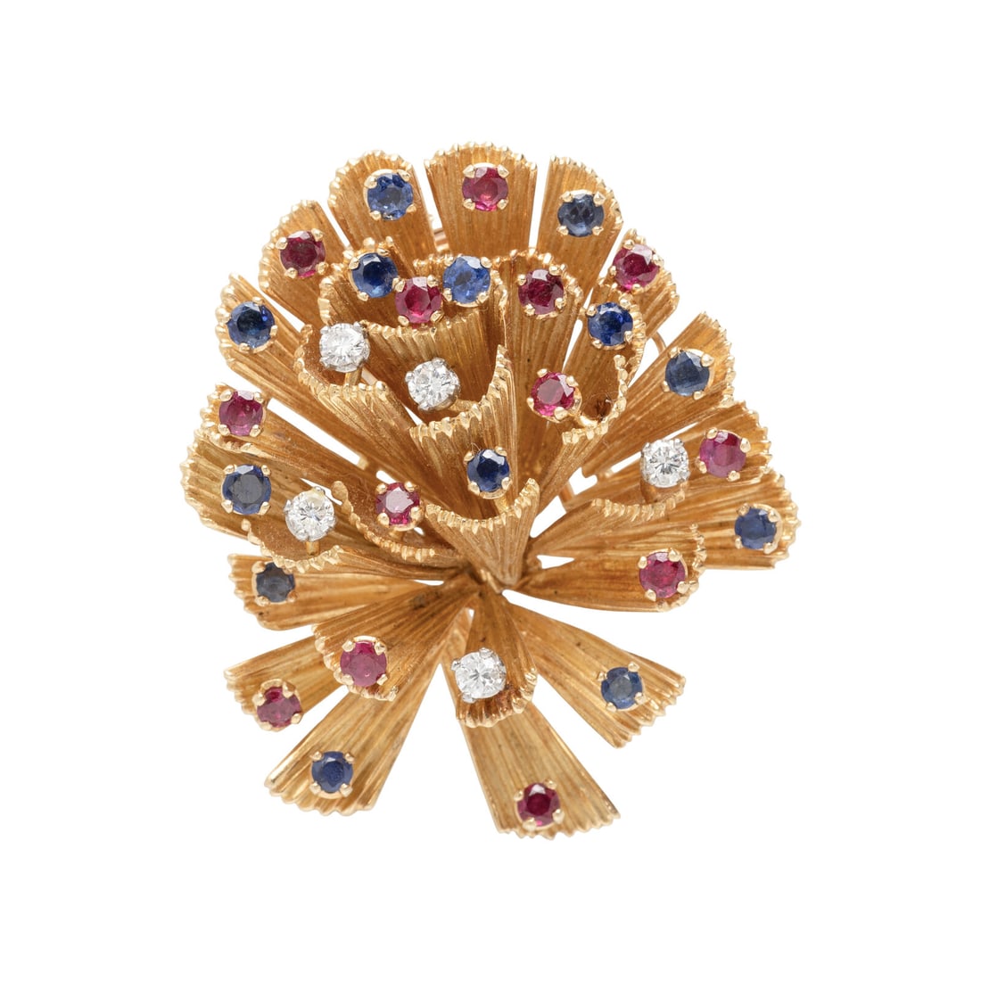 FRENCH, RETAILED BY BONWIT TELLER, YELLOW GOLD, SAPPHIRE, RUBY, AND DIAMOND BROOCH (1 of 2)