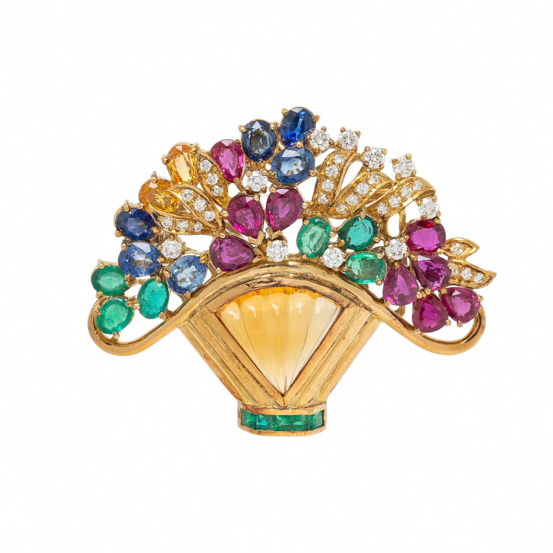 YELLOW GOLD AND MULTIGEM FLOWER BASKET PENDANT BROOCH: YELLOW GOLD AND MULTIGEM FLOWER BASKET PENDANT BROOCH Designed as a basket of flowers, set with round diamonds weighing approximately 0.50 carat total, oval sapphires, oval and channel-set square step