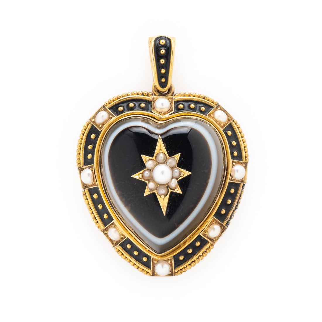 VICTORIAN, AGATE, PEARL, ENAMEL, AND YELLOW GOLD HEART MOURNING PENDANT: VICTORIAN, AGATE, PEARL, ENAMEL, AND YELLOW GOLD HEART MOURNING PENDANT Designed as a heart, set with carved banded onyx, split pearls measuring approximately 1.75 - 4.00 mm, and black enamel, with