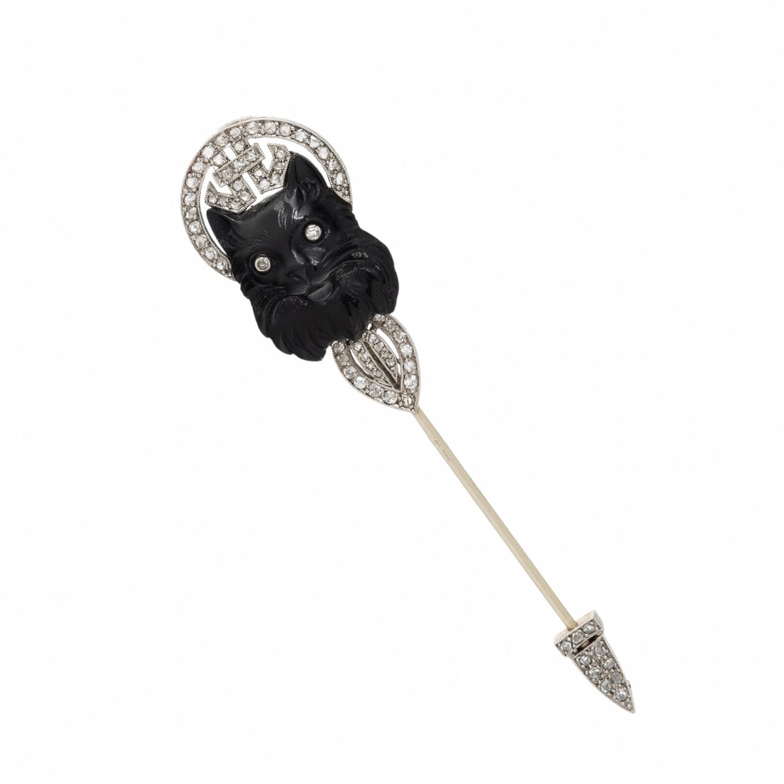 FRENCH, ART DECO, ONYX AND DIAMOND CAT STICK PIN: FRENCH, ART DECO, ONYX AND DIAMOND CAT STICK PIN Designed as a carved black onyx cat's head, set with single and rose cut diamonds. Mounted in 18 karat white gold. 2 5/8 inches long. Stamp: (French