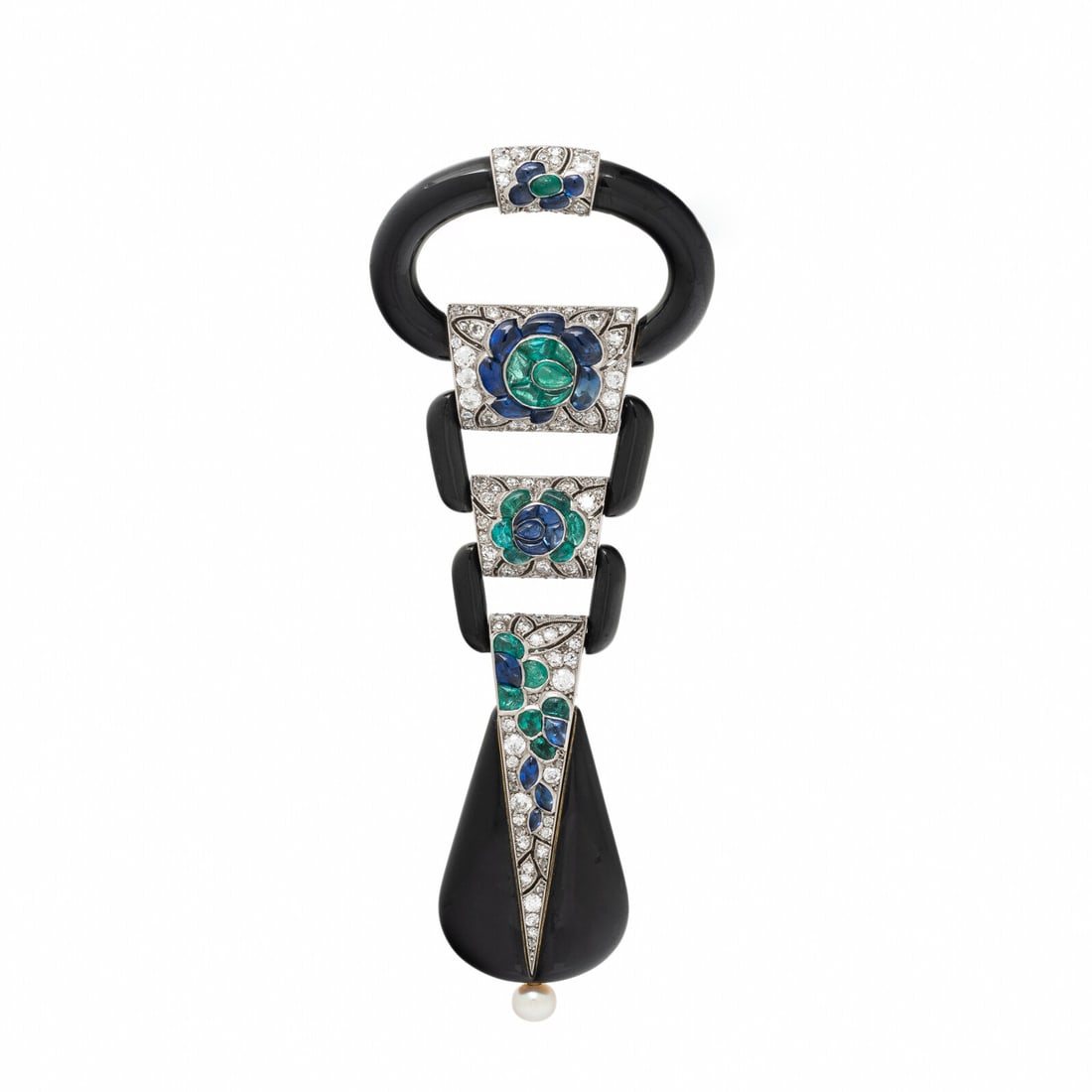 VERGER FRÈRES FOR LACLOCHE FRÈRES, ART DECO, ONYX AND MULTIGEM LAPEL WATCH: VERGER FRÈRES FOR LACLOCHE FRÈRES, ART DECO, ONYX AND MULTIGEM LAPEL WATCH A manual-wind watch set in black onyx with a cultured pearl-set crown, suspended from carved onyx links, with flora