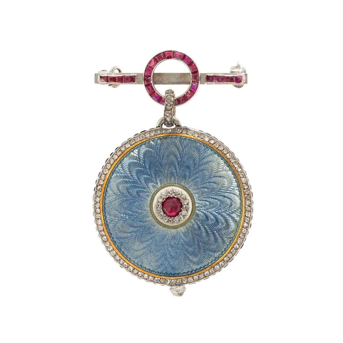 CARTIER, ANTIQUE GUILLOCHÉ ENAMEL LAPEL WATCH: CARTIER, ANTIQUE GUILLOCHÉ ENAMEL LAPEL WATCH With a champagne dial marked 'CARTIER Paris Fondres', the bezel set with blue enamel and rose cut diamonds, and the caseback featuring blue