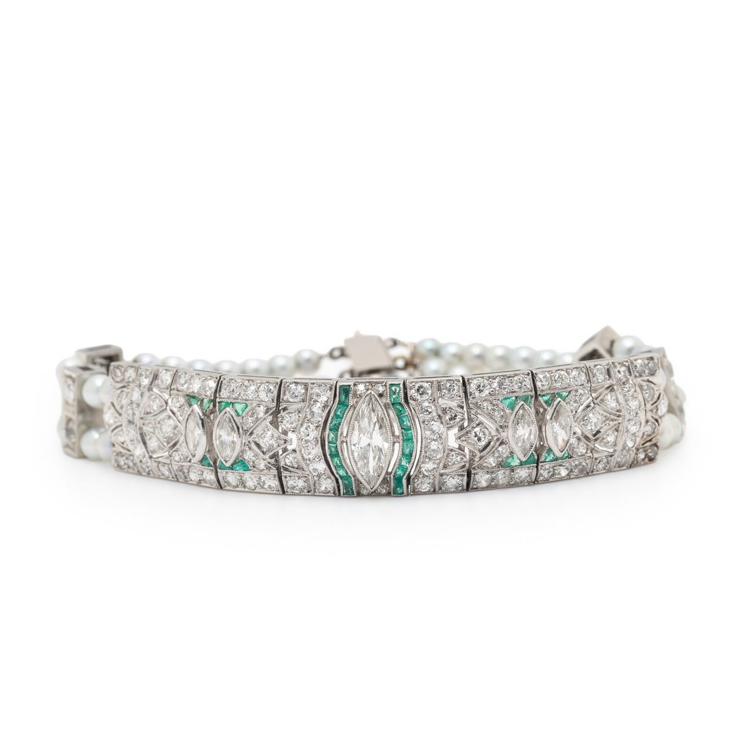 PLATINUM, DIAMOND, EMERALD, AND CULTURED PEARL BRACELET: PLATINUM, DIAMOND, EMERALD, AND CULTURED PEARL BRACELET Centered by an old European cut diamond weighing 0.85 carat total and a plaque set with transitional, old European, and single cut diamonds