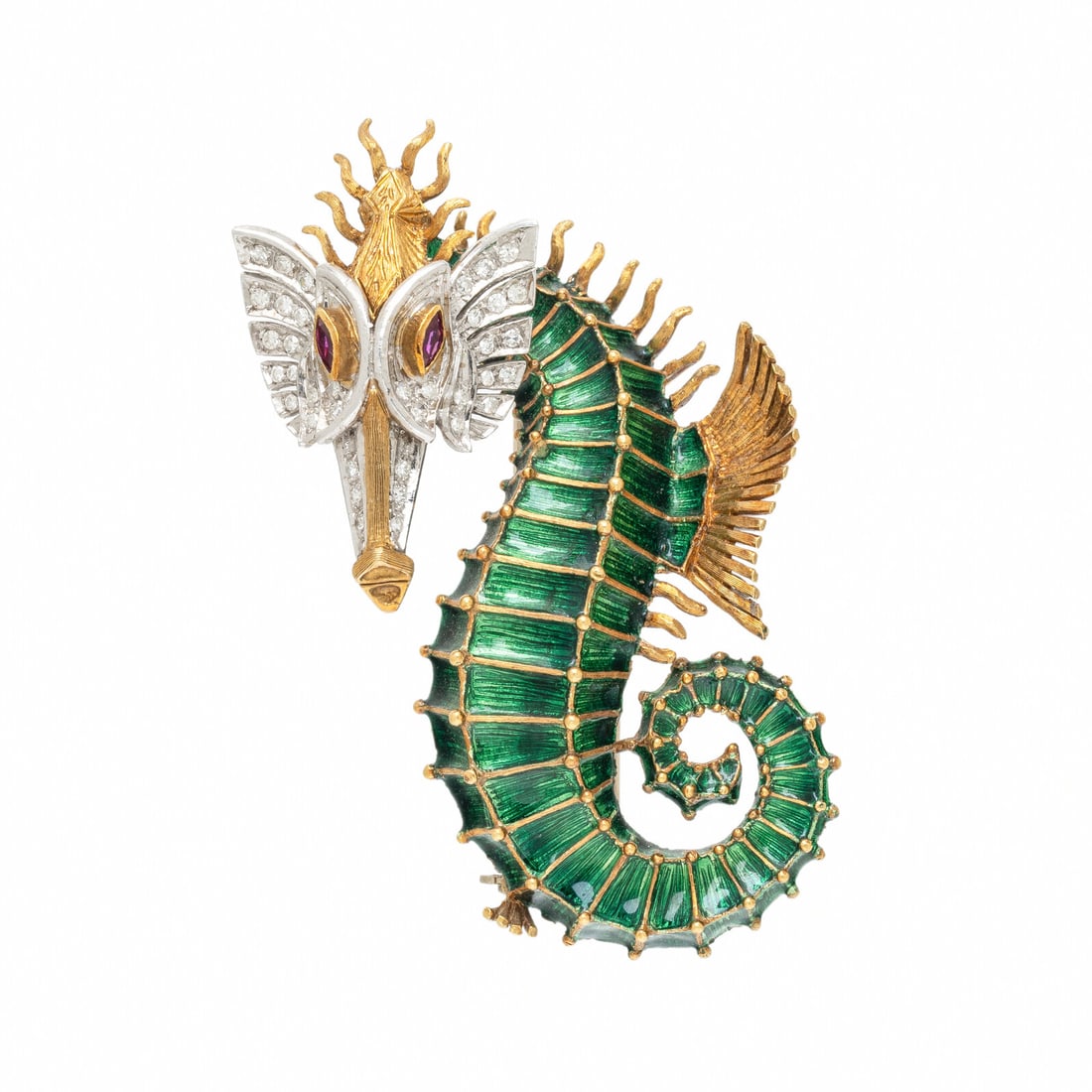 BICOLOR GOLD, DIAMOND, AND ENAMEL SEA DRAGON BROOCH: BICOLOR GOLD, DIAMOND, AND ENAMEL SEA DRAGON BROOCH Designed as a sea dragon, set with single cut diamonds, marquise cut rubies, and green enamel. Mounted in 18 karat yellow and white gold. 2 1/2 x 1