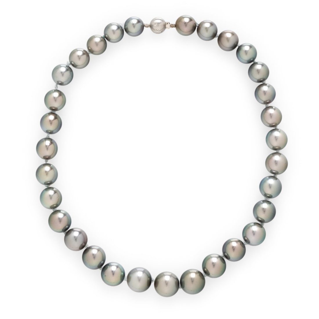 CULTURED GRAY PEARL NECKLACE: CULTURED GRAY PEARL NECKLACE A strand of graduated cultured gray pearls (origin of color not tested) measuring approximately 10.85 - 13.50 mm, finished with a gold ball clasp set with single cut diamo