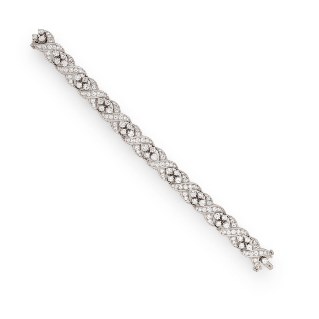 PLATINUM AND DIAMOND 'X' LINK BRACELET: PLATINUM AND DIAMOND 'X' LINK BRACELET Designed with 'X' links, featuring round diamonds weighing approximately 11.95 carats total. Mounted in platinum. 7 inches long. Stamp: 10% IR PLT. Gross