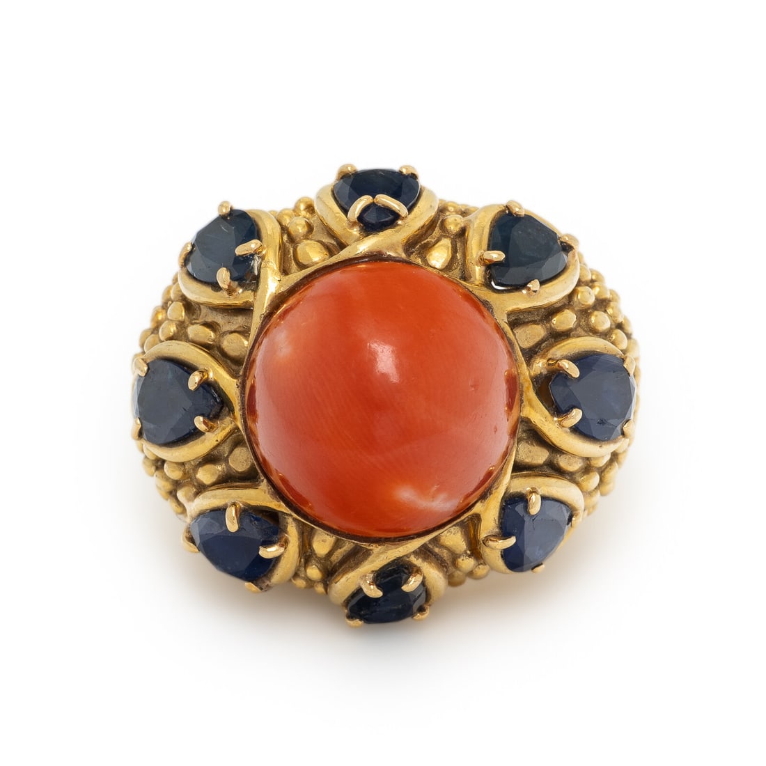 CORAL, SAPPHIRE, AND YELLOW GOLD RING (1 of 3)