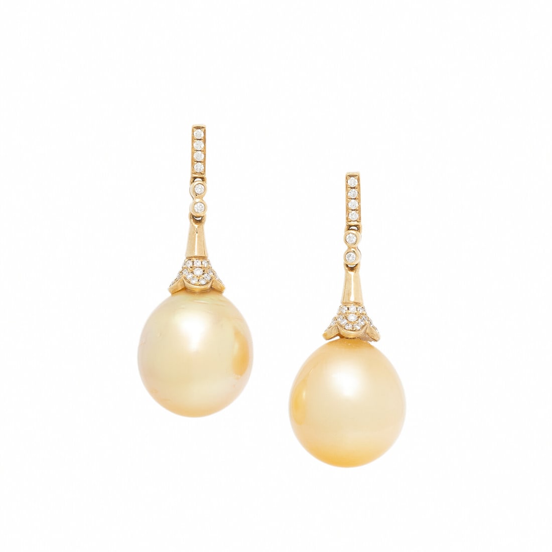 HAKIMOTO, CULTURED GOLD PEARL, DIAMOND, AND YELLOW GOLD EARRINGS: HAKIMOTO, CULTURED GOLD PEARL, DIAMOND, AND YELLOW GOLD EARRINGS Featuring cultured gold pearls (origin of color not tested) measuring approximately 13.00 mm and round diamonds. Mounted in 18 karat