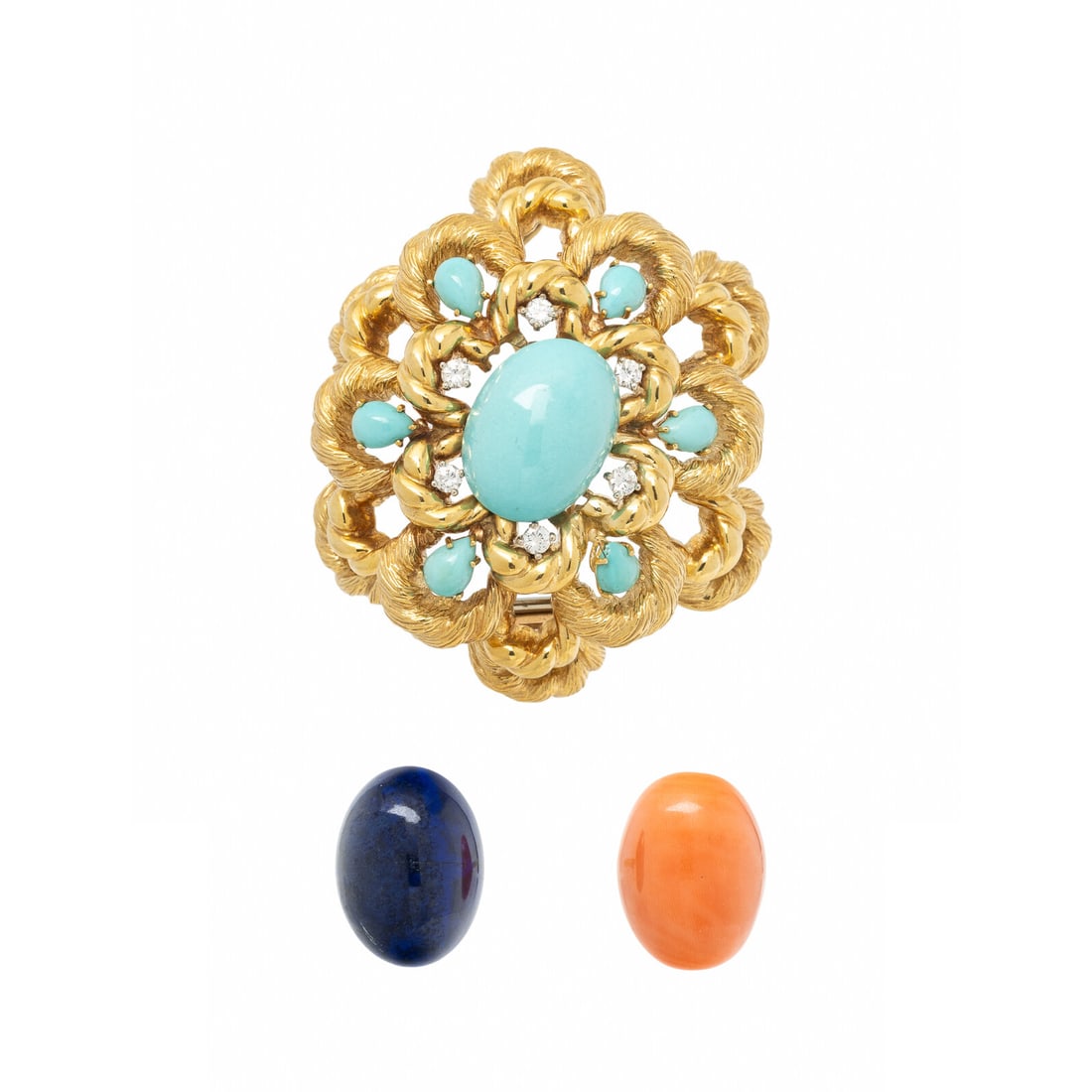 TURQUOISE, MULTIGEM, DIAMOND, AND YELLOW GOLD CONVERTIBLE PENDANT BROOCH: TURQUOISE, MULTIGEM, DIAMOND, AND YELLOW GOLD CONVERTIBLE PENDANT BROOCH In a floral design, set with a central oval cabochon turquoise measuring approximately 19.50 x 14.75 mm which may be removed an