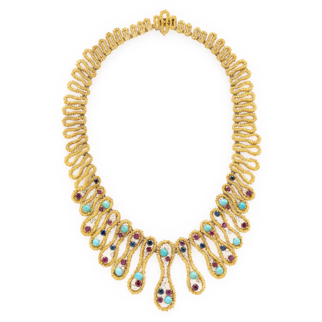 YELLOW GOLD, TURQUOISE, RUBY, SAPPHIRE, AND DIAMOND NECKLACE: YELLOW GOLD, TURQUOISE, RUBY, SAPPHIRE, AND DIAMOND NECKLACE Composed of graduated bead-textured links, set with round diamonds weighing approximately 1.50 carats total, round rubies, round