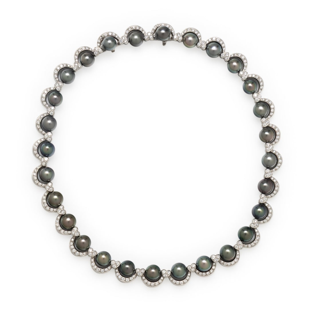 GREY CULTURED PEARL, DIAMOND, AND PLATINUM COLLAR NECKLACE: GREY CULTURED PEARL, DIAMOND, AND PLATINUM COLLAR NECKLACE Set with links of black cultured pearls measuring approximately 8.00 - 8.50 mm (origin of color not tested) and round diamonds weighing