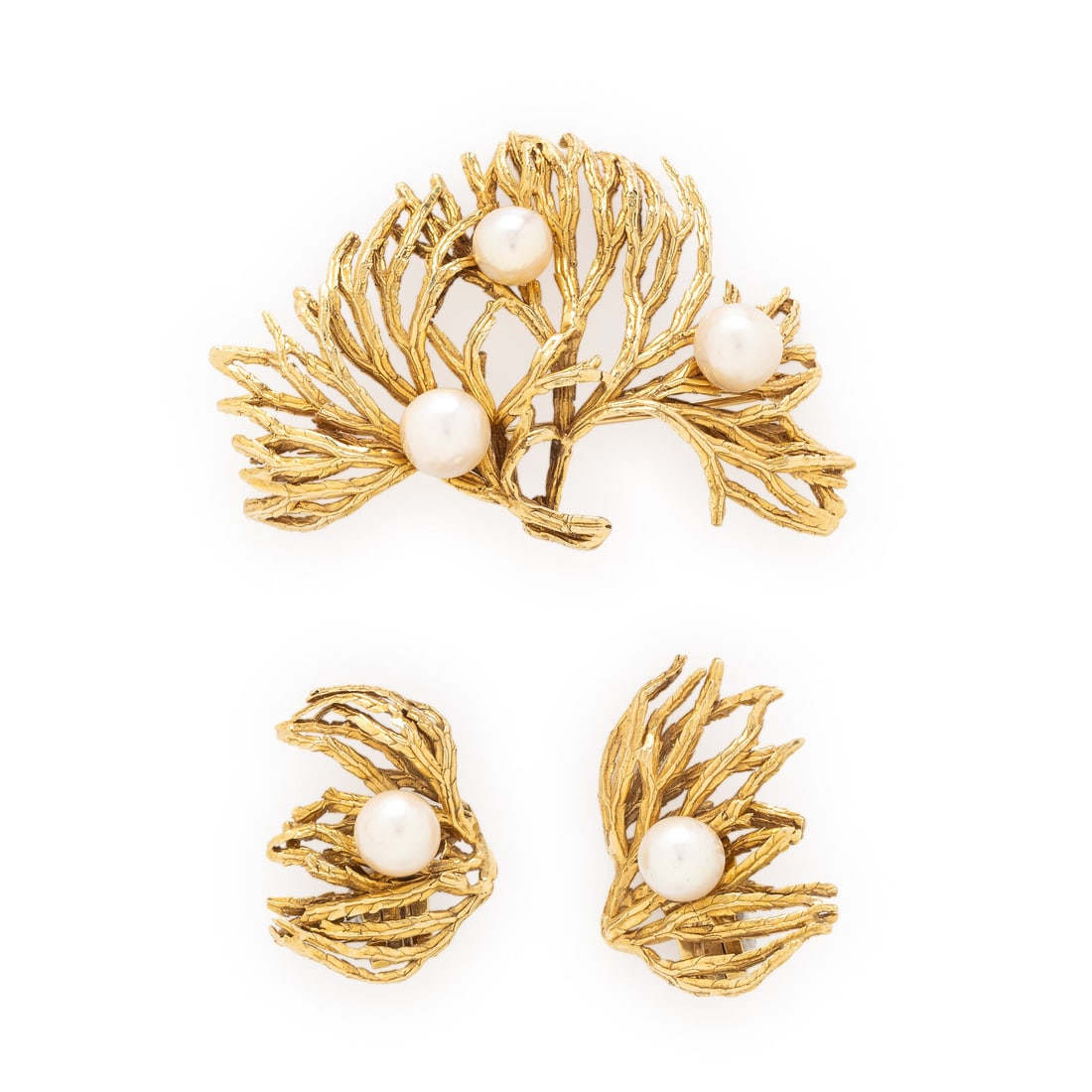 MARIANNE OSTIER, CULTURED PEARL AND YELLOW GOLD EARRINGS AND BROOCH: MARIANNE OSTIER, CULTURED PEARL AND YELLOW GOLD EARRINGS AND BROOCH Including a pair of earrings and a brooch in a branching design set with cultured pearls measuring approximately 8.90 - 10.00 mm.