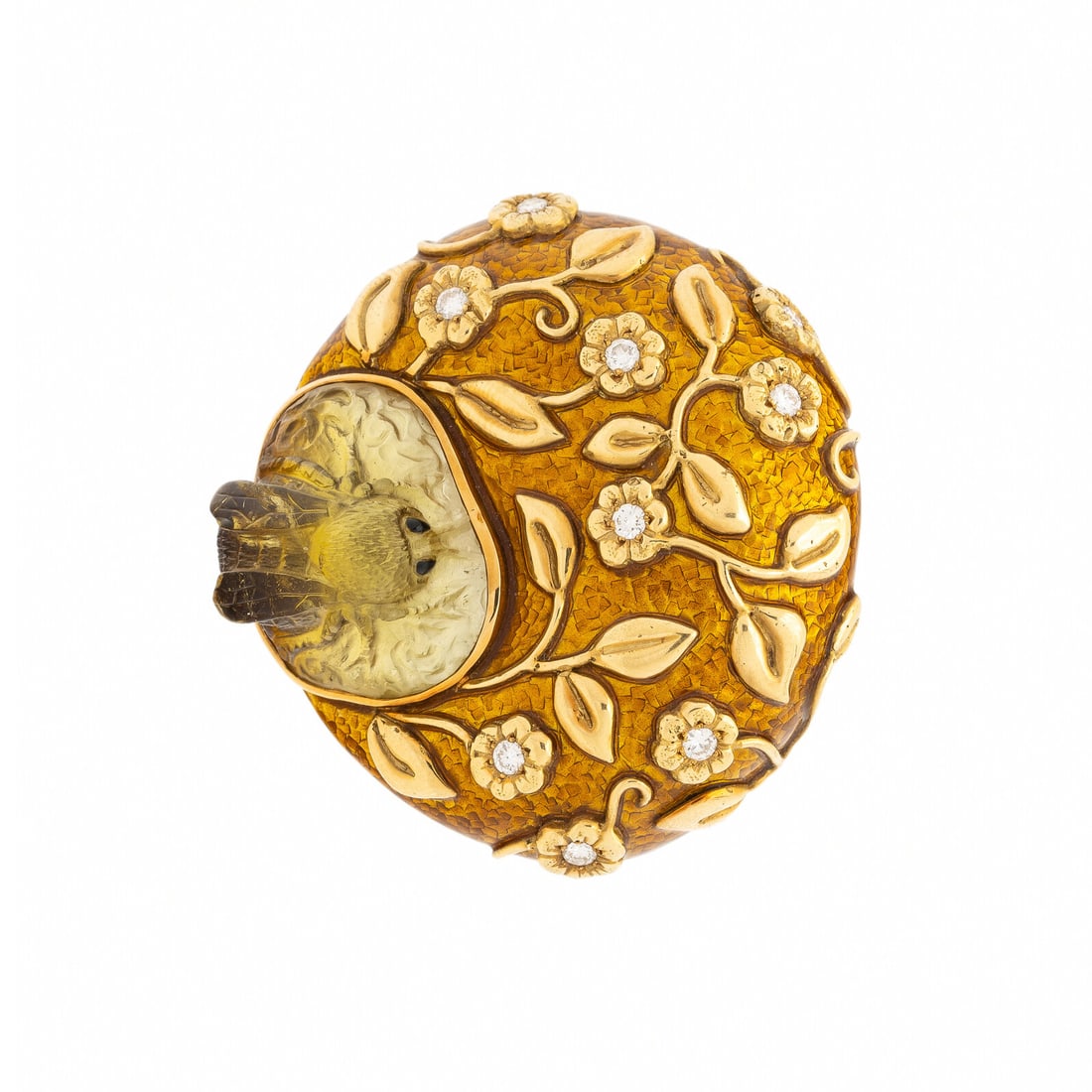 ELIZABETH GAGE, YELLOW GOLD, ENAMEL, AND DIAMOND HONEYBEE BROOCH: ELIZABETH GAGE, YELLOW GOLD, ENAMEL, AND DIAMOND HONEYBEE BROOCH With floral motifs, featuring a carved tourmaline depicting a honeybee, accented by round diamonds and yellow enamel. Mounted in 18