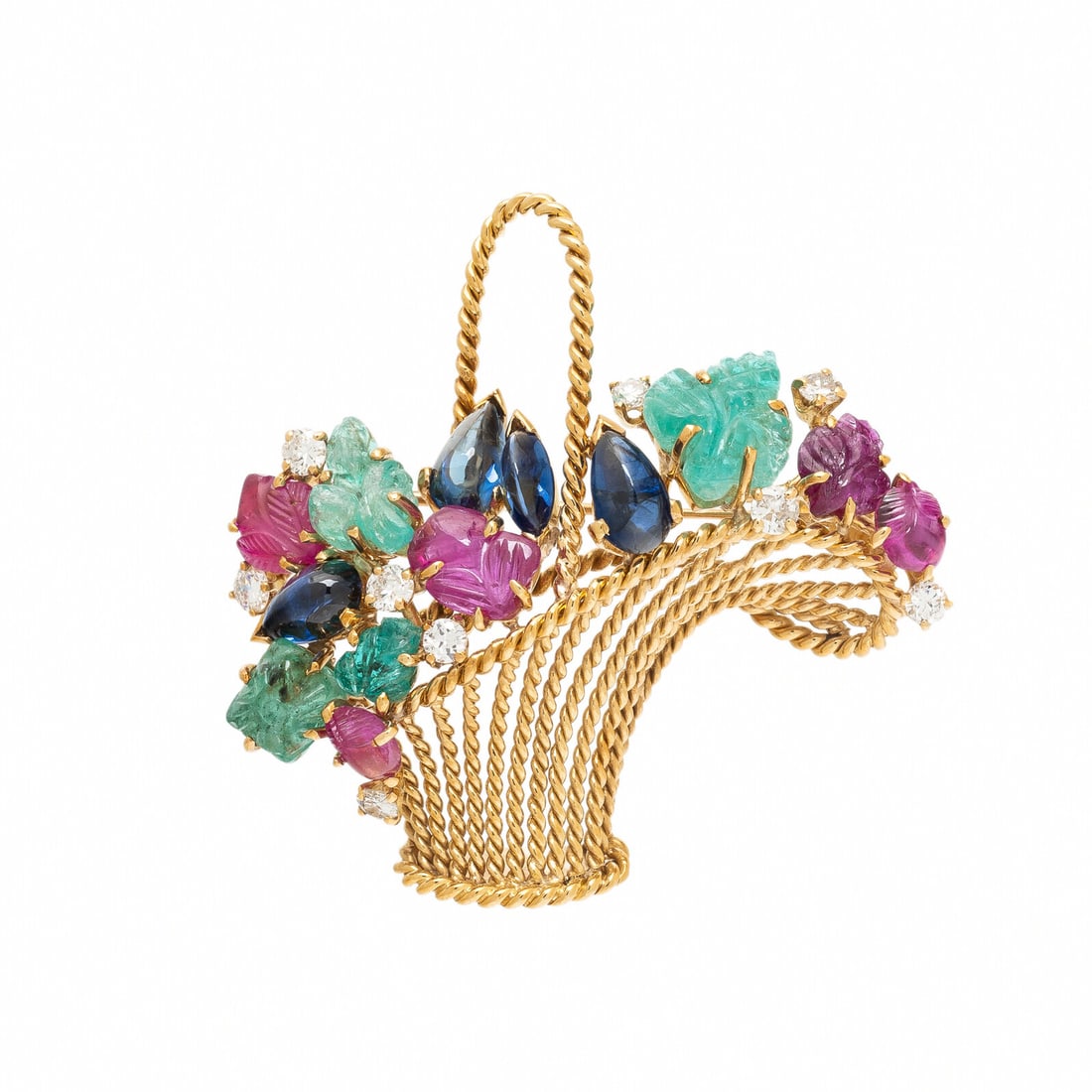 VAN CLEEF & ARPELS, MULTIGEM AND YELLOW GOLD BASKET BROOCH: VAN CLEEF & ARPELS, MULTIGEM AND YELLOW GOLD BASKET BROOCH Designed as a flower basket, set with carved rubies, carved emeralds, pear shape and marquise cut cabochon sapphires, and round