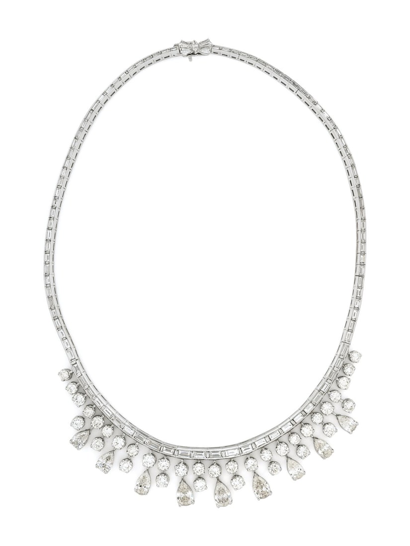 DIAMOND AND PLATINUM NECKLACE: DIAMOND AND PLATINUM NECKLACE The central fringe design set with round and pear shaped diamonds weighing approximately 20.00 - 22.00 carats total, with numerous baguette cut diamonds set in the chain