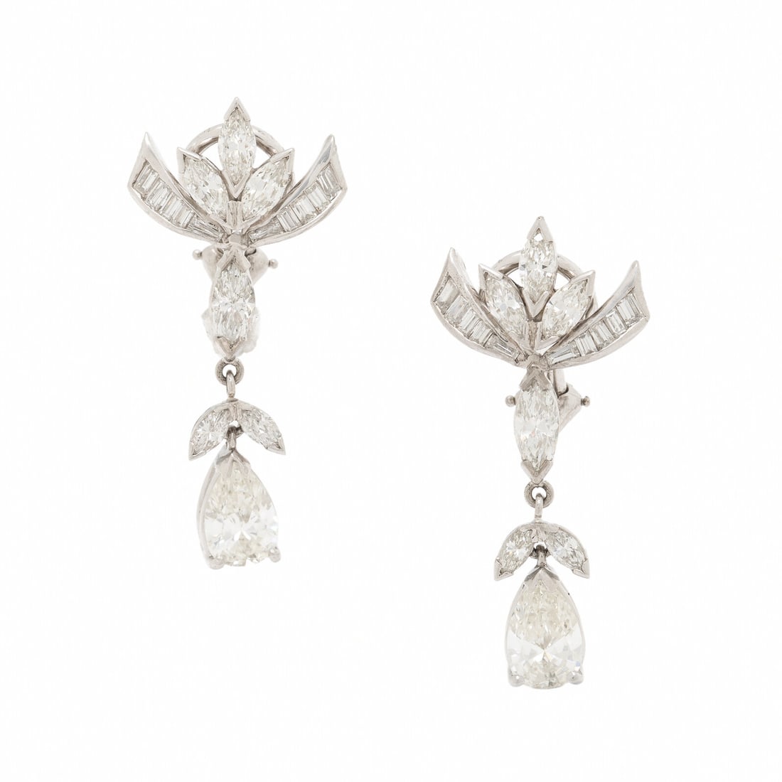 PLATINUM AND DIAMOND DROP EARRINGS: PLATINUM AND DIAMOND DROP EARRINGS Featuring drops of pear shape diamonds weighing approximately 1.80 carats total, suspended from an arrangement of marquise, baguette, and tapered baguette cut