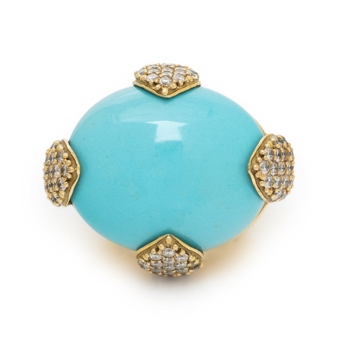 SAZINGG, TURQUOISE, DIAMOND, AND YELLOW GOLD RING: SAZINGG, TURQUOISE, DIAMOND, AND YELLOW GOLD RING Featuring an oval cabochon turquoise measuring approximately 29.00 x 25.00 mm, accented by four elements pavé-set with round diamonds weighing