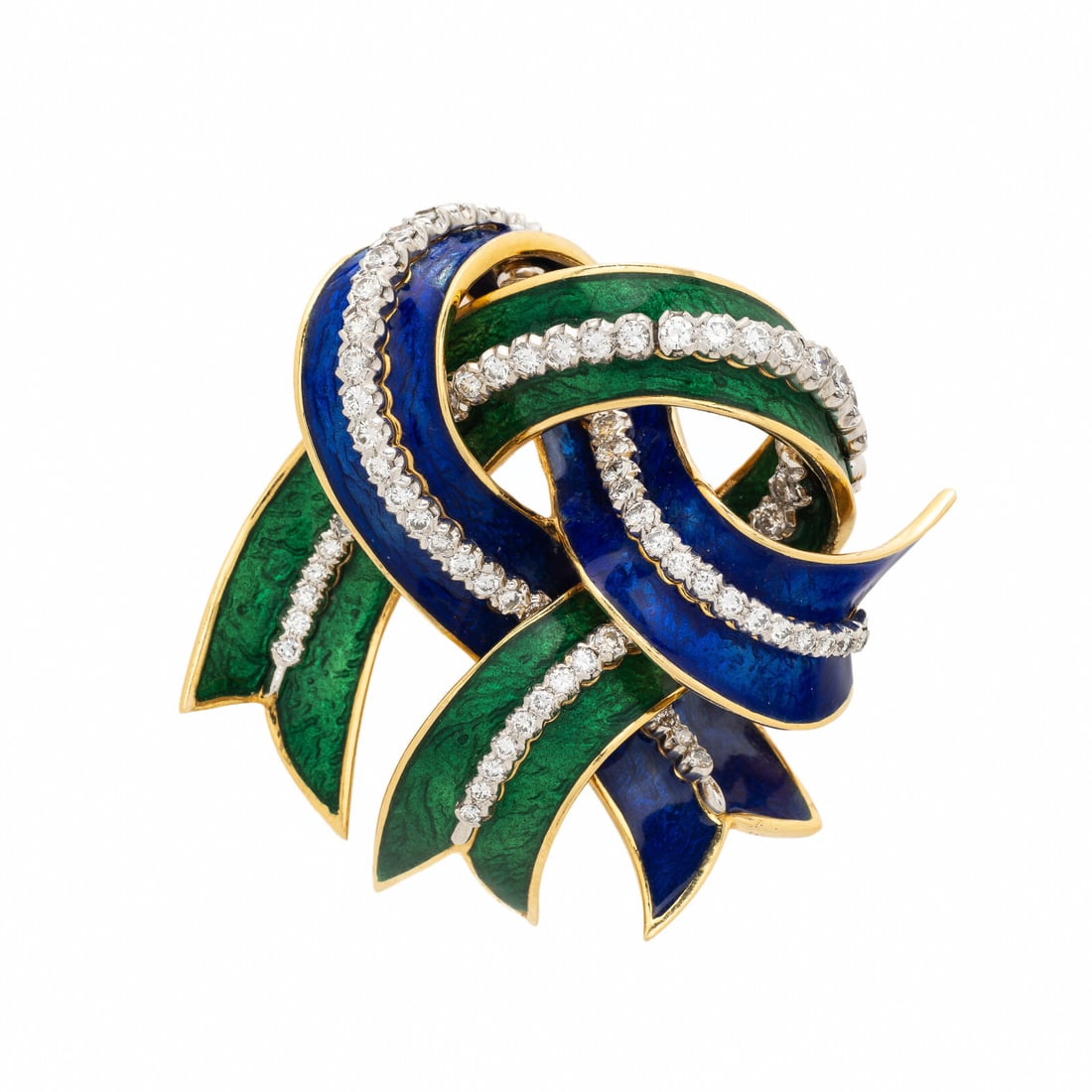 DAVID WEBB, YELLOW GOLD, ENAMEL, AND DIAMOND BROOCH: DAVID WEBB, YELLOW GOLD, ENAMEL, AND DIAMOND BROOCH Designed as two interwoven ribbons, respectively accented with blue and green enamel, with central rows of round diamonds weighing approximately