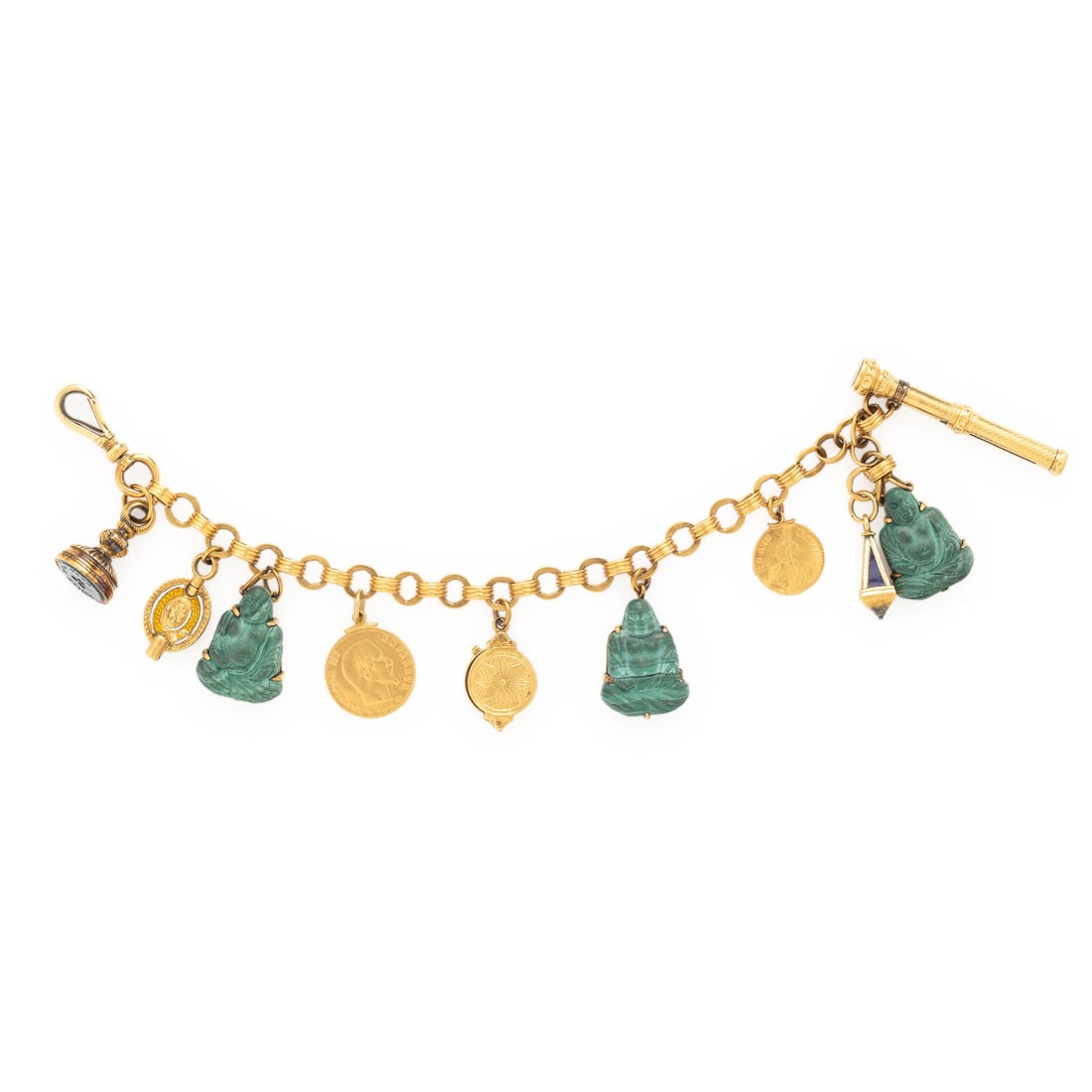 YELLOW GOLD, MULTIGEM, AND ENAMEL CHARM BRACELET: YELLOW GOLD, MULTIGEM, AND ENAMEL CHARM BRACELET Featuring eight charms on a cable chain bracelet, including carved malachite Buddhas, small coins, charms set with enamel, a mini magnifying glass, a