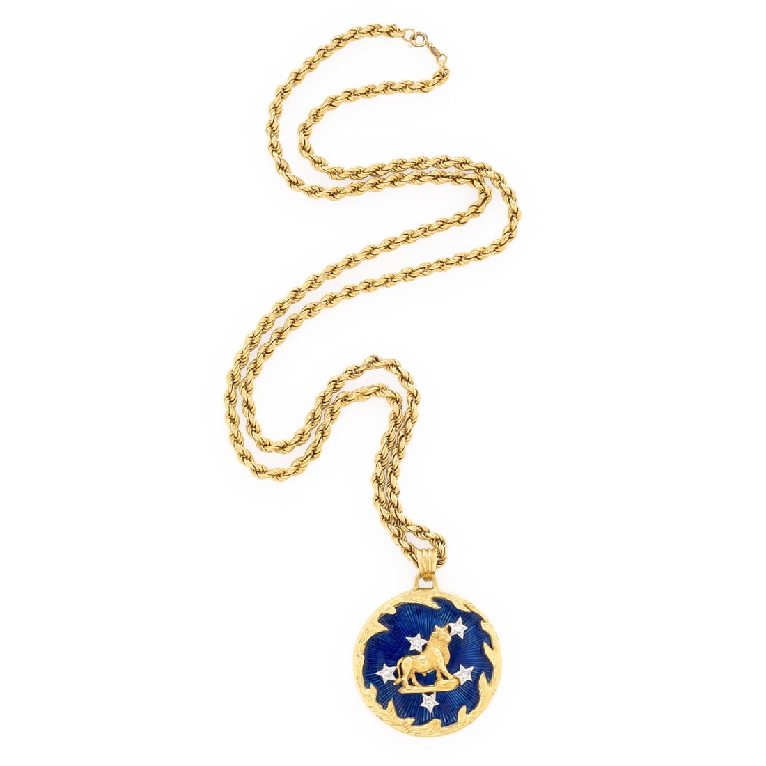 YELLOW GOLD, DIAMOND, AND ENAMEL TAURUS ZODIAC PENDANT NECKLACE: YELLOW GOLD, DIAMOND, AND ENAMEL TAURUS ZODIAC PENDANT NECKLACE On a rope chain, the pendant depicting a taurus bull with blue guilloché enamel and round diamonds weighing approximately 0.15