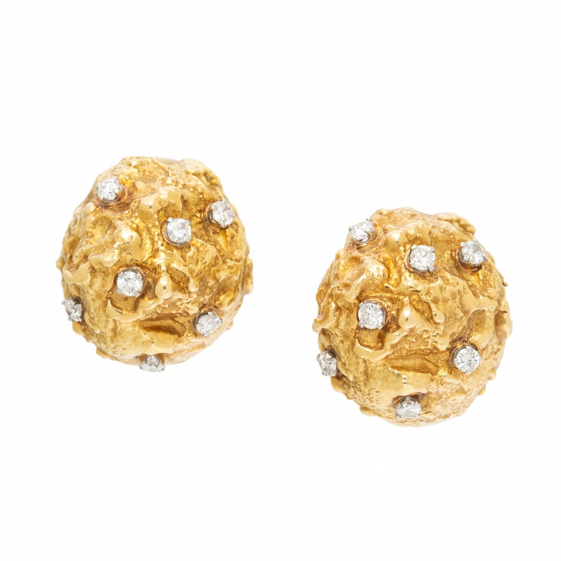 DAVID WEBB, DIAMOND AND YELLOW GOLD 'NUGGET' EARRINGS: DAVID WEBB, DIAMOND AND YELLOW GOLD 'NUGGET' EARRINGS In a textured domed design, set with round diamonds weighing approximately 1.10 carats total. Mounted in textured 18 karat yellow and white gold.