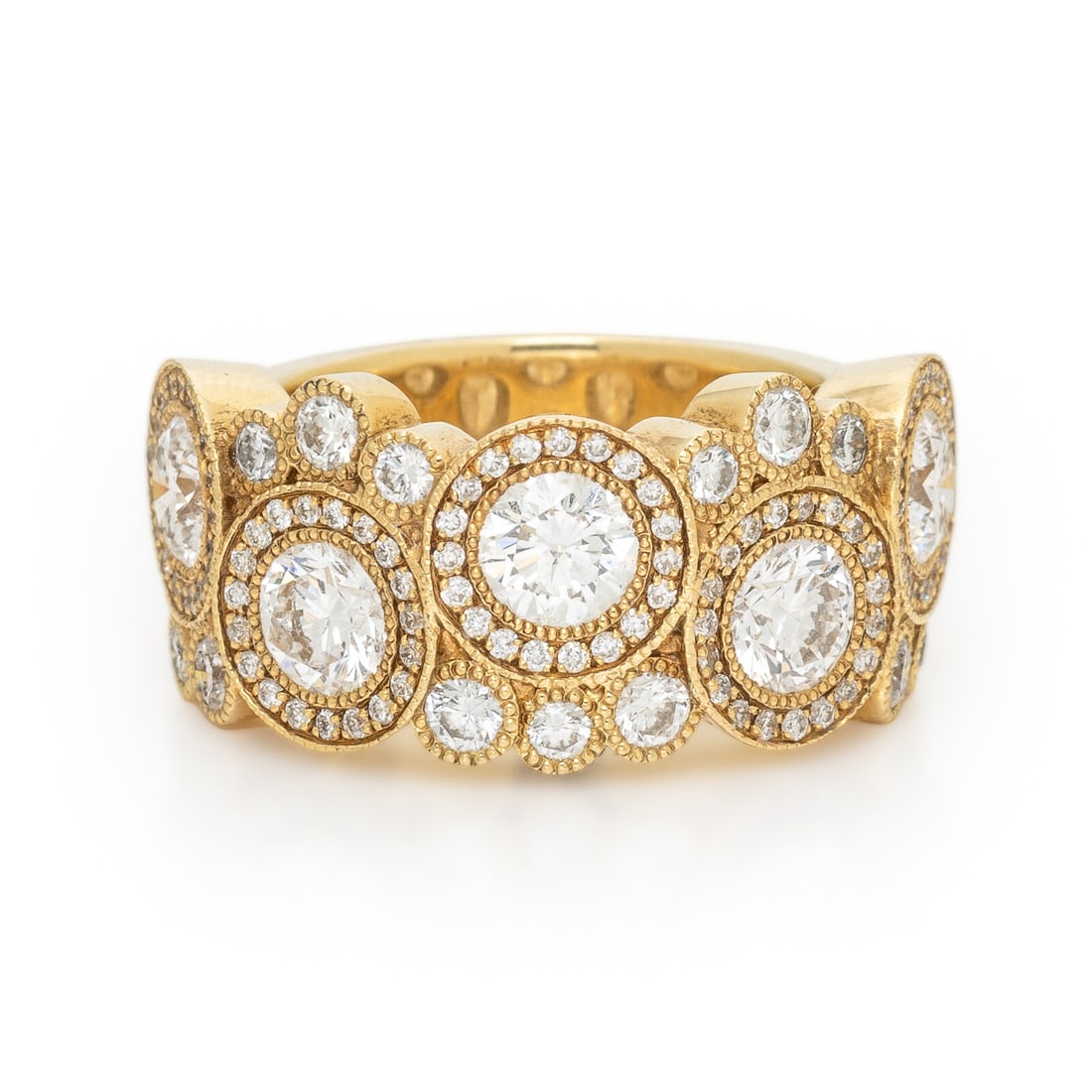 RAHAMINOV, YELLOW GOLD AND DIAMOND 'BUBBLE' RING: RAHAMINOV, YELLOW GOLD AND DIAMOND 'BUBBLE' RING Set with round diamonds weighing approximately 2.98 carats total. Mounted in 18 karat yellow gold. Ring size 6 1/2. Stamp: (maker's mark) RD 2.08 tw