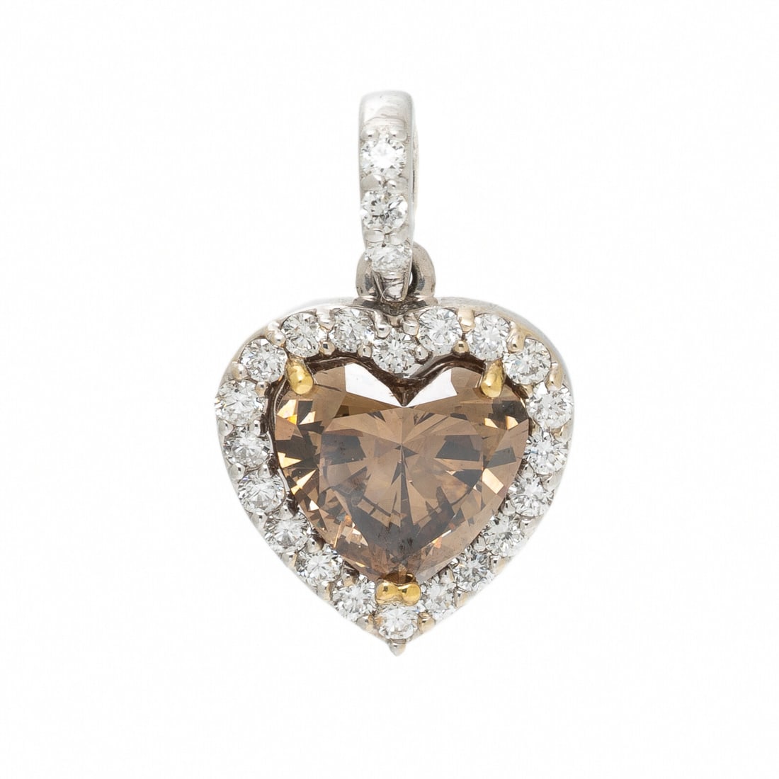 HEART SHAPE FANCY DARK YELLOWISH BROWN DIAMOND PENDANT: HEART SHAPE FANCY DARK YELLOWISH BROWN DIAMOND PENDANT Featuring a heart shape Fancy Dark Yellowish Brown diamond weighing 1.31 carat, accented by round diamonds. Mounted in white and yellow gold.