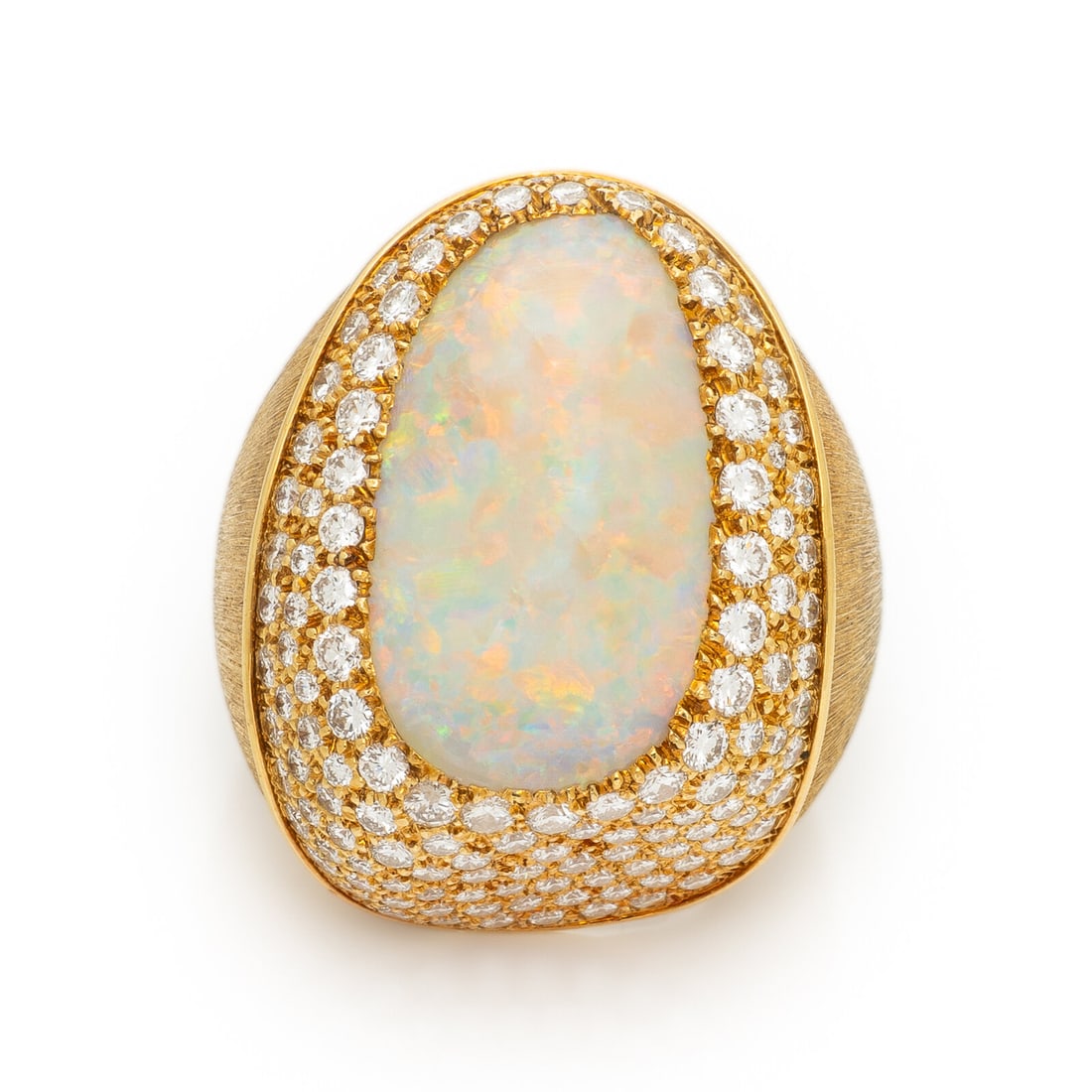HENRY DUNAY, OPAL, DIAMOND, AND YELLOW GOLD RING: HENRY DUNAY, OPAL, DIAMOND, AND YELLOW GOLD RING Featuring a freeform cabochon opal measuring approximately 21.20 mm x 11.20 mm and surrounded by round diamonds measuring approximately 1.30 carats