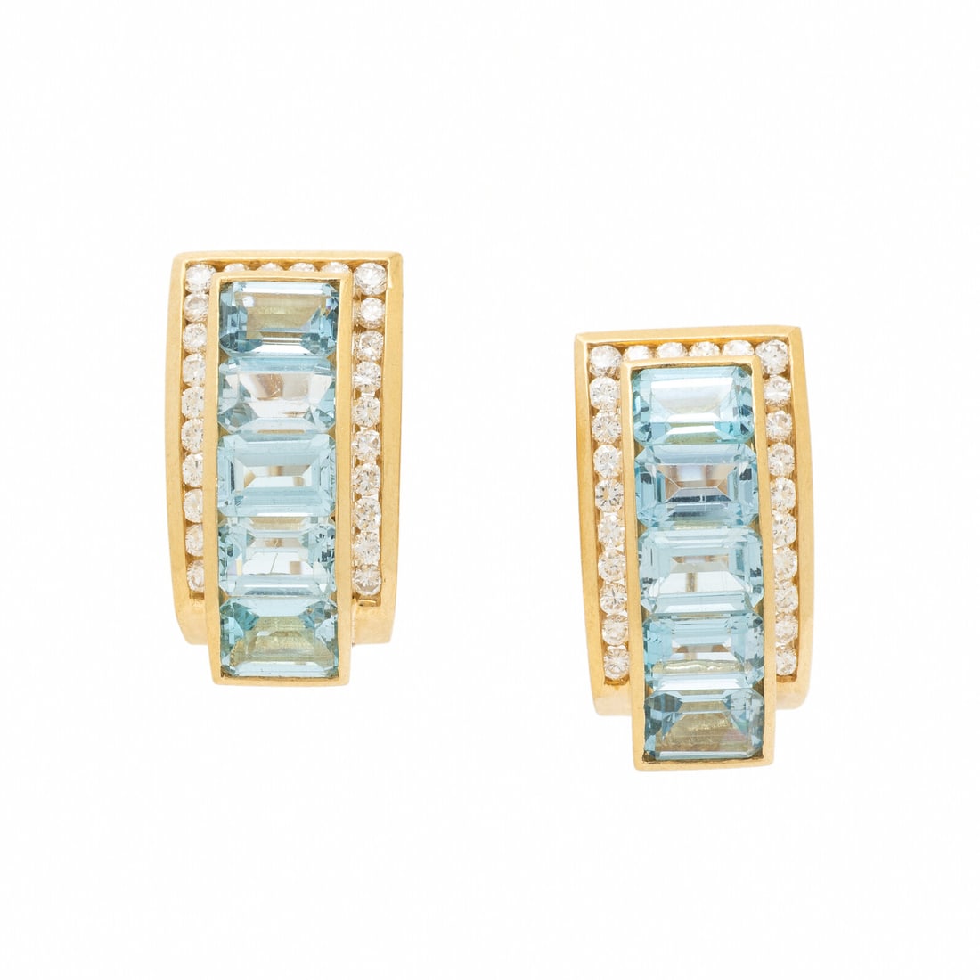 CHARLES KRYPELL, BLUE TOPAZ, DIAMOND, AND YELLOW GOLD EARRINGS: CHARLES KRYPELL, BLUE TOPAZ, DIAMOND, AND YELLOW GOLD EARRINGS Set with channel-set emerald cut blue topaz and round diamonds weighing approximately 0.85 carat total. Mounted in 18 karat yellow gold.