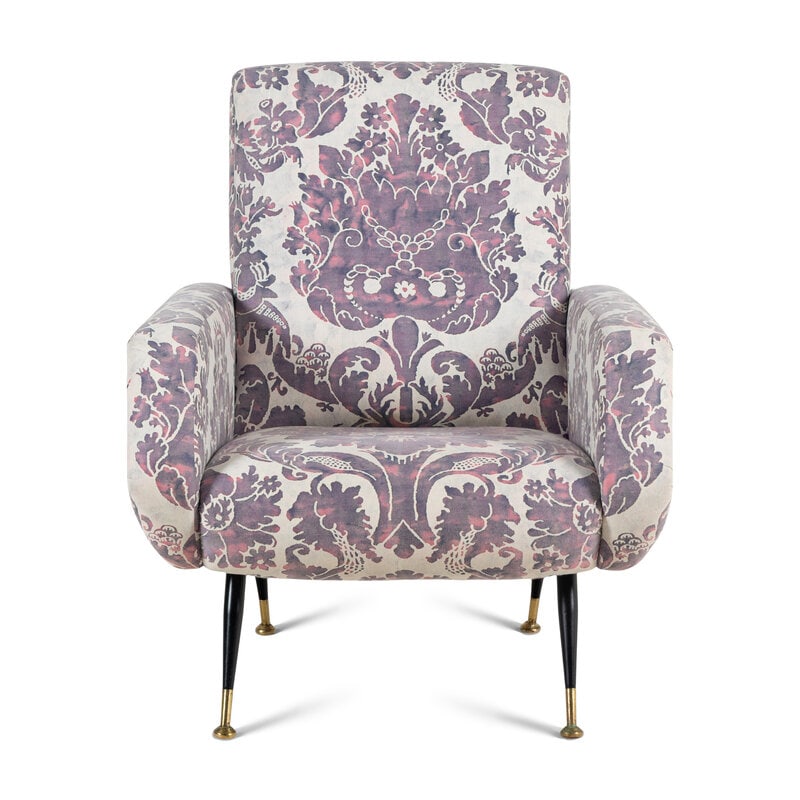 Gio Ponti (Italian, 1891-1979) ArmchairCirca 1960: Gio Ponti(Italian, 1891-1979)Armchair Circa 1960steel, brass, Fortuny upholsteryHeight 32 1/2 x width 27 1/2 x depth 27 1/2 inches. Property from an Alessandra Branca-Designed Chicago Residence This