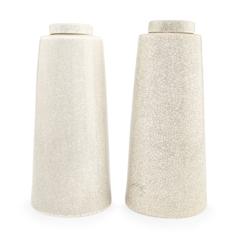 A Pair of Crackle Glazed Covered Vases: A Pair of Crackle Glazed Covered Vases 20th Century Height 19 1/2 x diameter 9 inches. Property from an Alessandra Branca-Designed Chicago Residence This lot is located in Chicago. 