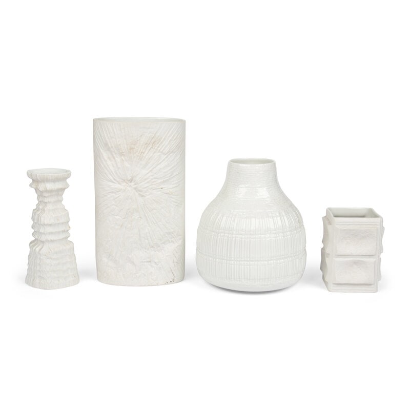 Four Rosenthal Porcelain Articles: Four Rosenthal Porcelain Articles 20th Century comprising three vases, one designed by Martin Freyer, and one candlestick. Height of tallest 10 1/4 inches. Property from an Alessandra