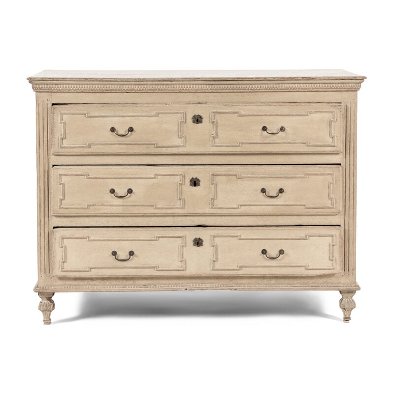 A North European Gray-Painted Commode: A North European Gray-Painted Commode Late 18th/Early 19th Century Height 39 x width 52 x depth 22 inches. Property from an Alessandra Branca-Designed Chicago Residence This lot is located in