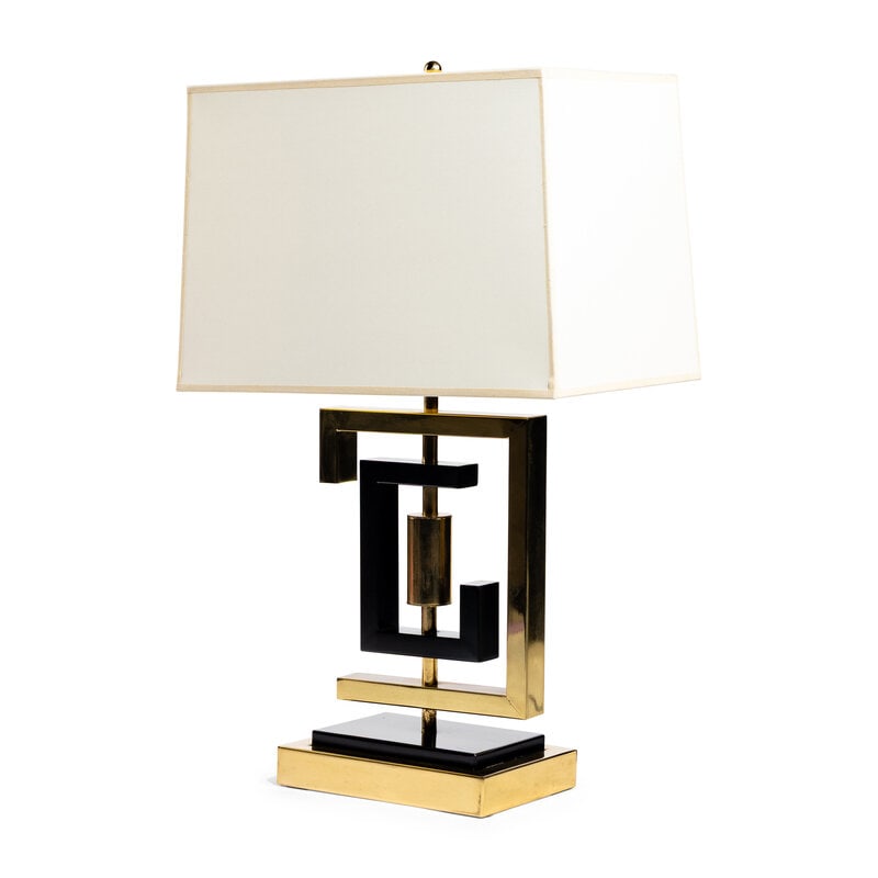 A French Modernist Brass and Black Enamel Table Lamp: A French Modernist Brass and Black Enamel Table Lamp Circa 1950 Height overall 25 x width of shade 15 x depth 10 1/4 inches. Property from an Alessandra Branca-Designed Chicago Reside