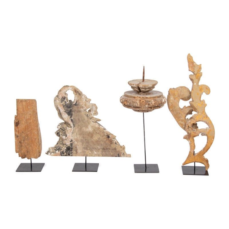 A Group of Four Carved and Painted Wood Fragments on Stands - 2