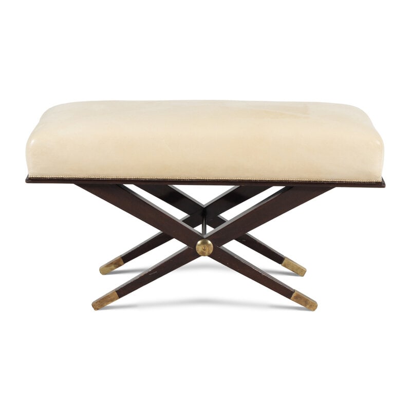 Roberto and Mito Block (Mexico, 20th Century) X-Frame BenchCirca 1940: Roberto and Mito Block(Mexico, 20th Century)X-Frame Bench Circa 1940mahogany, brass, lambskin leatherHeight 19 x width 35 1/4 x depth 15 1/2 inches. Property from an Alessandra Branca-Designed