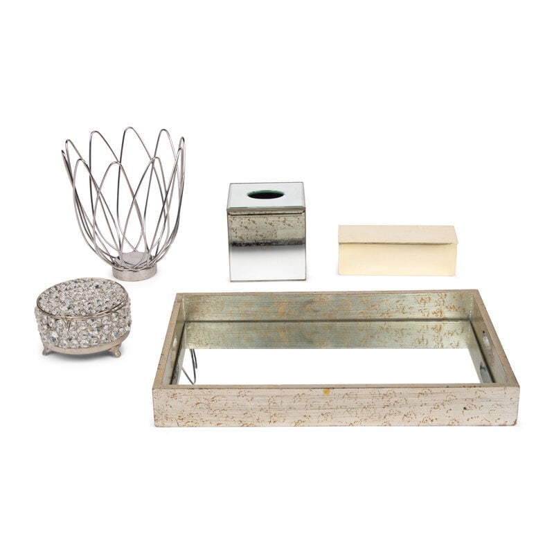 A Collection of Mirrored and Metallic Decorative Articles: A Collection of Mirrored and Metallic Decorative Articles comprising a tray, a table casket, a tissue box cover, a round box, and a Georg Jensen stainless steel basket; 5 items total. Height of tray
