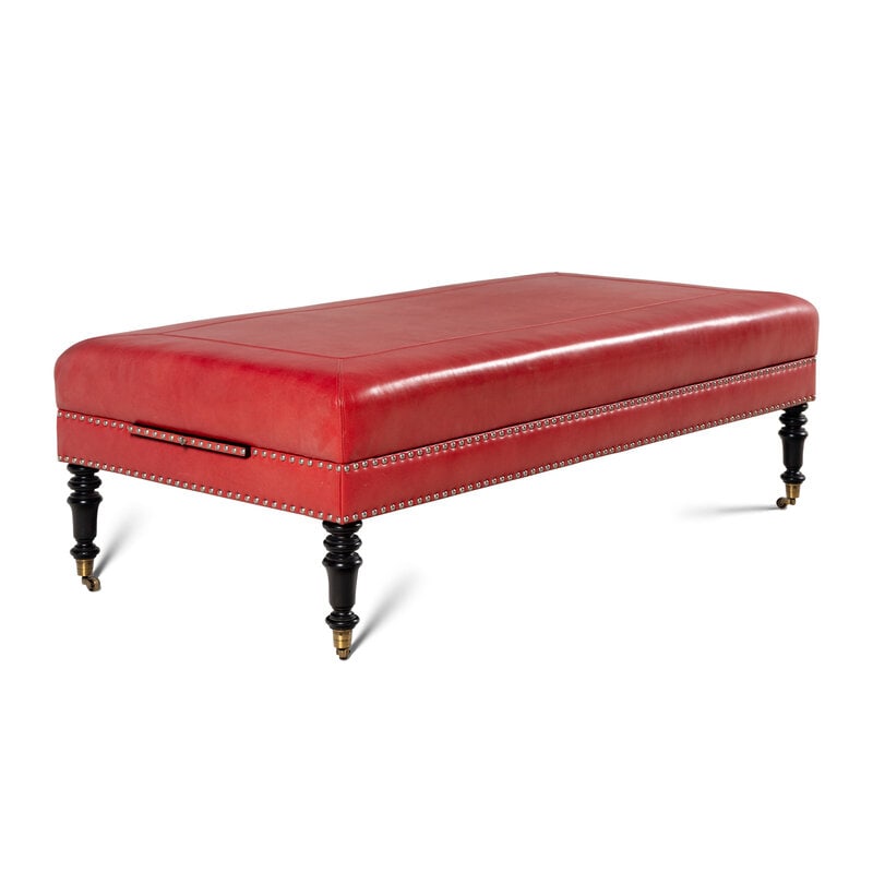 A Custom Coral Leather Upholstered Ottoman  (1 of 13)