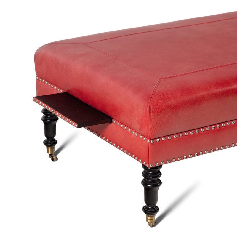 A Custom Coral Leather Upholstered Ottoman  - 2