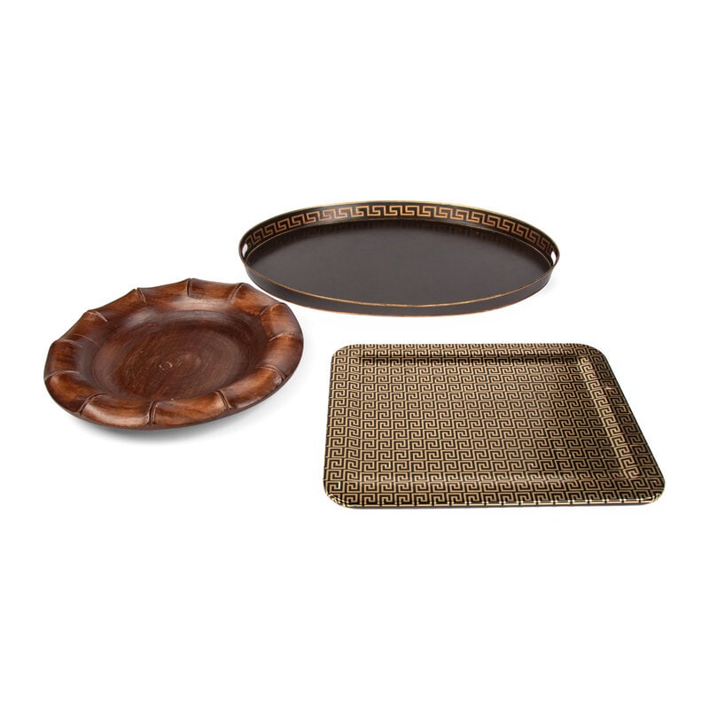 A Collection of Three Trays: A Collection of Three Trays comprising a wooden example, a Regency style black tole example, and a Fornasetti Greek key patterned example. Width of largest 33 3/4 x depth 24 1/2 inches. Property