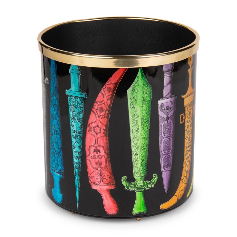 A Piero Fornasetti Shortsword Waste Paper Basket: A Piero Fornasetti Shortsword Waste Paper Basket marked 'Fornasetti Milano / Made in Italy' Height 11 x diameter 10 1/4 inches. Property from an Alessandra Branca-Designed Chicago Residence This