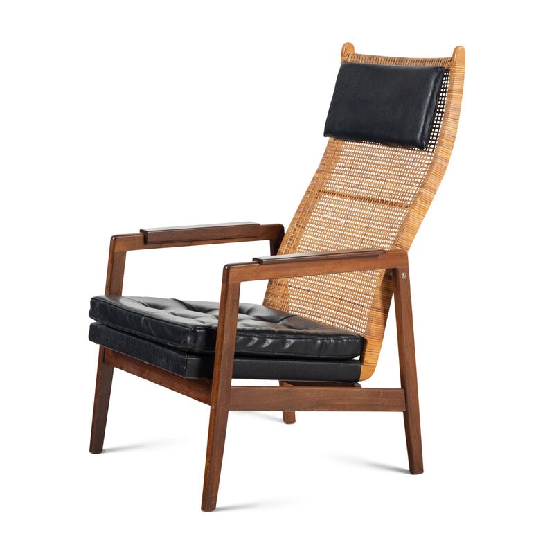 Paul J. Muntendam (Dutch, 20th Century) Lounge Chair, 1956Gebroeders Jonkers Noordwolde, Netherlands: Paul J. Muntendam(Dutch, 20th Century)Lounge Chair, 1956 Gebroeders Jonkers Noordwolde, Netherlandsrattan, upholsteryHeight 40 1/2 x width 23 1/4 x depth 28 inches. Property from an Alessandra