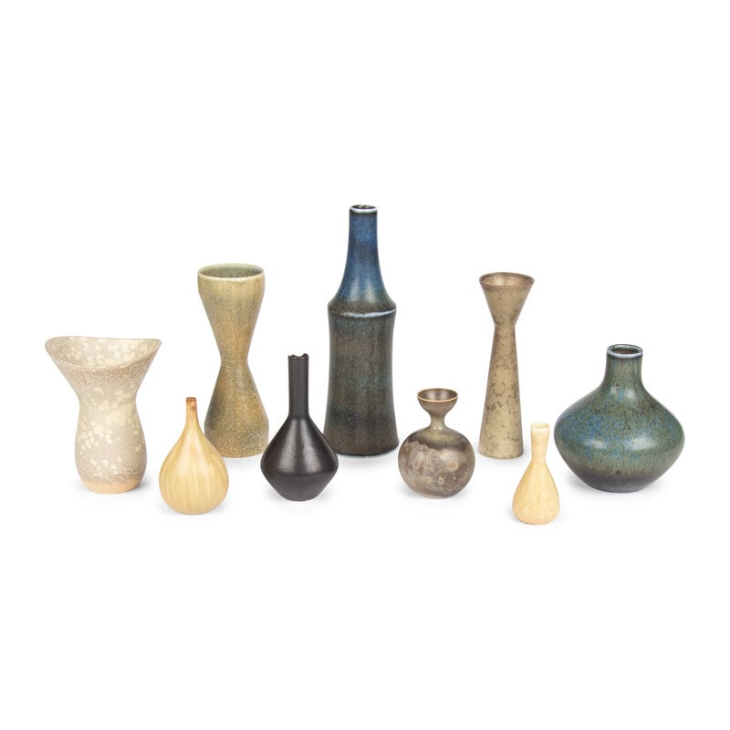 Carl-Harry Stålhane (Swedish, 1920-1990) Collection of Nine VasesRostrand, Sweden, circa 1950: Carl-Harry Stålhane(Swedish, 1920-1990)Collection of Nine Vases Rostrand, Sweden, circa 1950glazed earthenwareeach with incised signature and studio marks to underside Height of largest 11 5/8