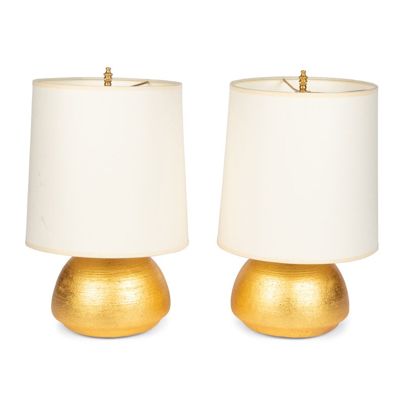 A Pair of Andrea Koeppel Gilded Ceramic Gumdrop Lamps: A Pair of Andrea Koeppel Gilded Ceramic Gumdrop Lamps signed AK 16 to underside Height overall 17 inches. Property from an Alessandra Branca-Designed Chicago Residence This lot is located in