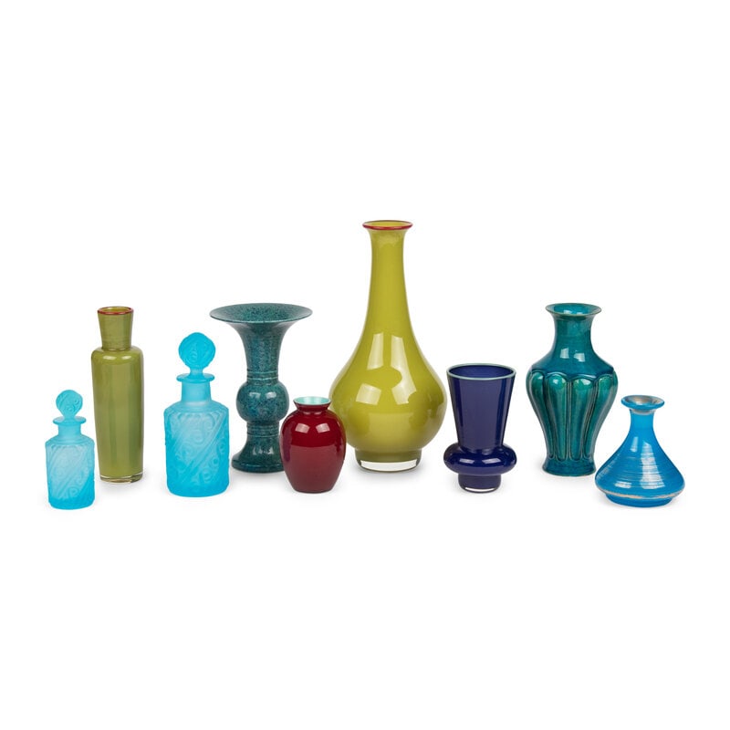 A Collection of Colored Glass and Ceramic Vases and Bottles: A Collection of Colored Glass and Ceramic Vases and Bottles two green examples and dark blue example signed 'Studio Paran', red example signed 'Carlo Moretti', all others unmarked; 9 items total.