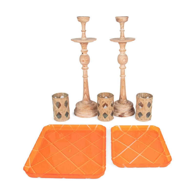 A Group of Decorative Articles: A Group of Decorative Articles 20th Century comprising a set of three abaca fiber and glass hurricane vases, two Italian orange acrylic trays, and a pair of cerused oak candle stands; 7 items total.