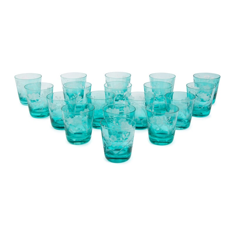 A Set of Eighteen Turquoise Etched Glass Blossom Tumblers (1 of 13)