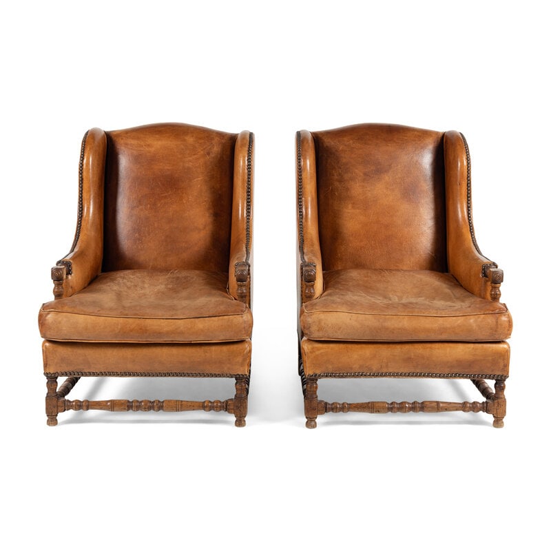 A Pair of Louis XIII Style Oak and Leather Wingback Armchairs (1 of 13)