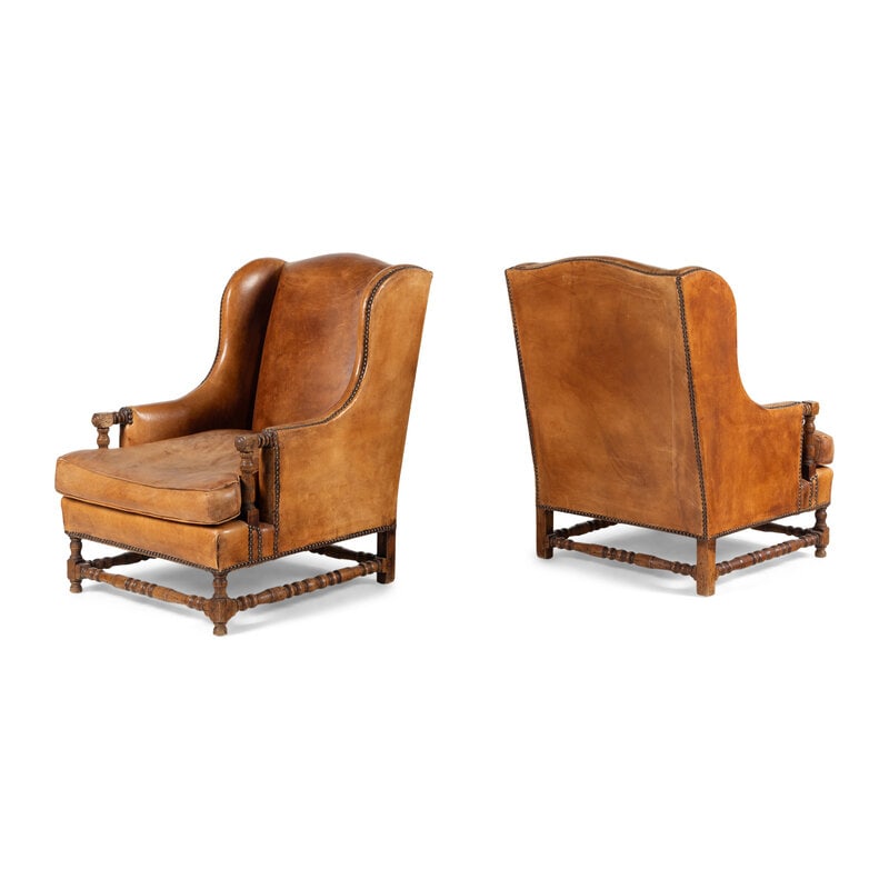 A Pair of Louis XIII Style Oak and Leather Wingback Armchairs - 2