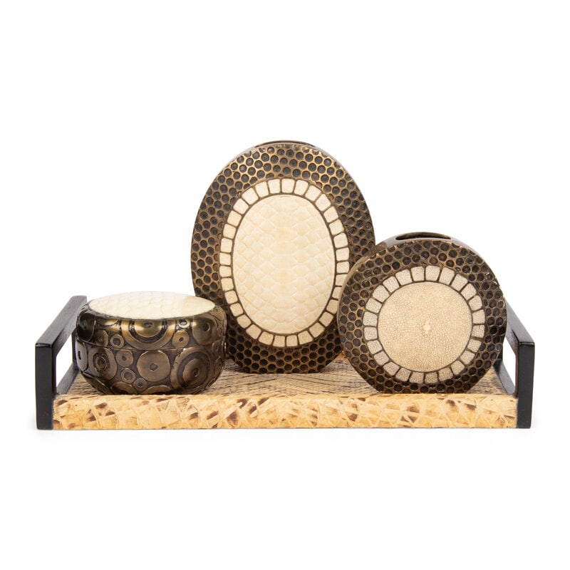 Four R&Y Augousti Table Articles: Four R&Y Augousti Table Articles comprising two vases, a small round box, and a handled tray, each marked for the maker to underside. Height of taller vase 6 3/4 x width 5 1/2 x depth 2 1/4